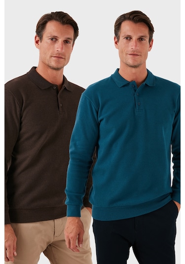 Buratti Pamuk Karışımlı Regular Fit 2'Li Paket Erkek Polo Yaka Kazak 456223S2 Kahve-Petrol