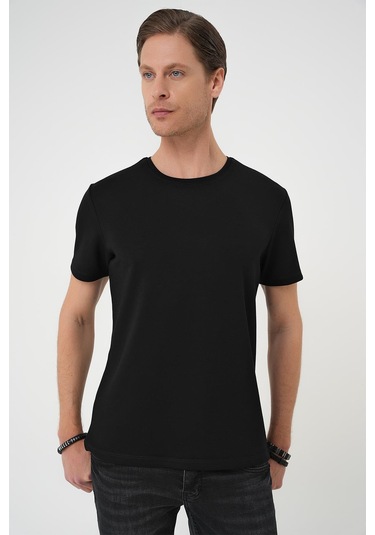 Comfort Fit Bisiklet Yaka Esnek Pamuk Casual Siyah Tişört Ts 885 Siyah