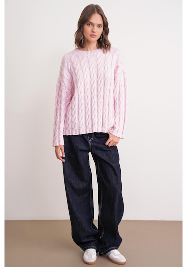 6973 Kadın Saç Örgülü Regular Basic Triko Kazak Pembe Pembe
