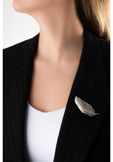 Baykuş Tüyü 18 Ayar Beyaz Altın Kaplama Gümüş Broş Beyaz