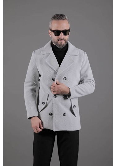 Ohepmoda Desenli Kruvaze Erkek Kaşe Kaban Açık Gri