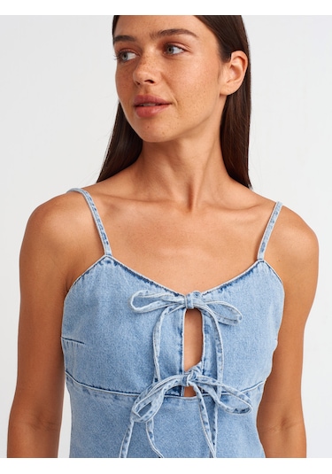 Dilvin Askılı Verev Kesim Denim Elbise Mavi