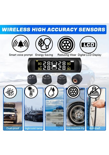 Boatshop1 Kablosuz Güneş Enerjili Tpms Lcd Lastik Basınç İzleme Sistemi 4 Tekerlekli Harici Sensör Otomobil Suv Minibüs