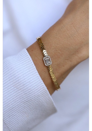 Yenigün Kuyumculuk 14 Ayar Altın Baget Taşlı Balık Sırtı Bileklik 5956 Sarı Altın