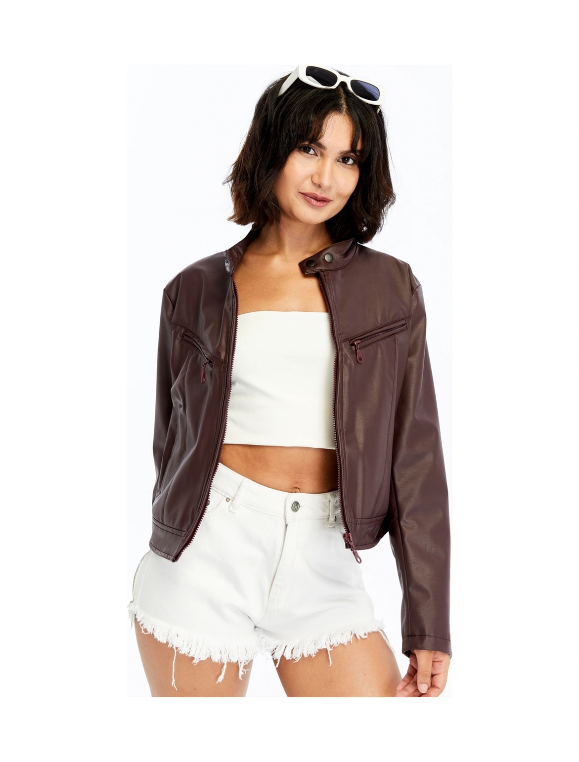 Kadın Deri Ceket Niş Kompakt Tasarım Mont Günlük Kullanım Fermuar Hakim Yaka Şık Ceket Bordo