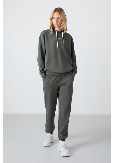Tommy Life Çağla Kapüşonlu Kanguru Cep Oversize Lastik Paça Kadın Eşofman Takımı - 95288 Çağla