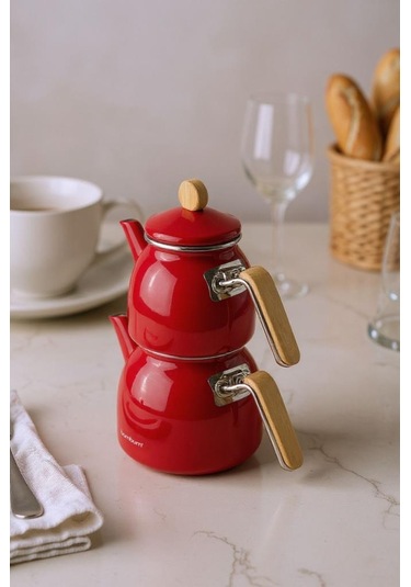 Sultan - Bambu Kulplu Çaydanlık Takımı Kırmızı Kırmızı