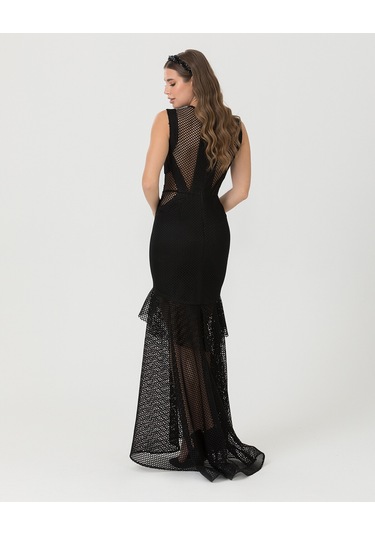 Balık Form Sıfır Yaka Tül Abiye-siyah Siyah