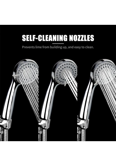 Pazly El Tipi Duş Başlığı 3 Sprey Modu Paslanmaz Çelik Hortum Ayarlanabilir Braket Krom Banyo Duş Seti Gümüş Gümüş