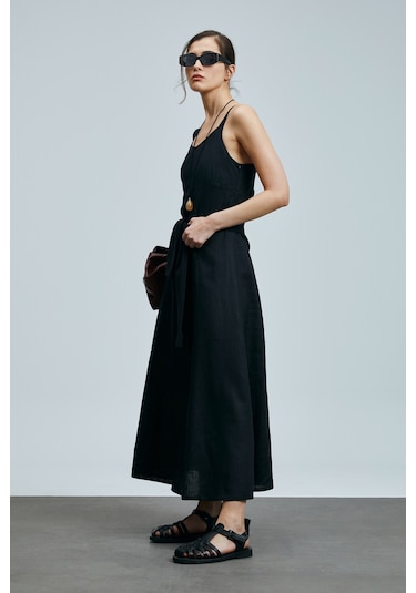 Lufian Selene Kadın Askılı Keten Elbise Siyah Siyah 121290015100100 Siyah