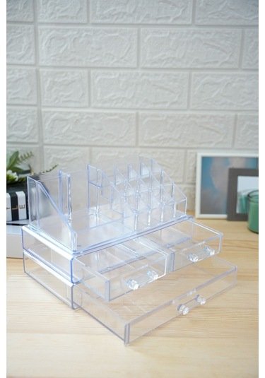 Vivart 3 Katlı Özel Tasarım Çekmece Modul Makyaj Organizer Kozmetik Kalemlik Düzenleyeci Şeffaf Beyaz