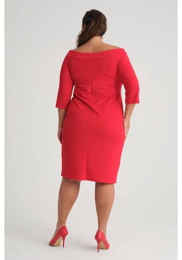 Kadın Kırmızı Carmen Yaka Truvakar Kol Büyük Beden Esnek Krep Elbise-kırmızı Kırmızı