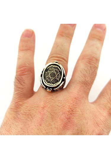 925 Ayar Gümüş Mineli Çift Taraflı Mührü Süleyman Erkek Yüzük Silver