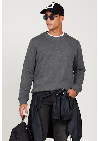AC&Co / Altınyıldız Classics Erkek Antrasıt Melanj Standart Fit Normal Kesim İçi Polarlı Bisiklet Yaka Sweatshirt Antrasit