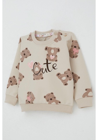 Breeze Kız Bebek Eşofman Takım Mutlu Ayıcık Desenli 6 Ay-2 Yaş, Bej Bej