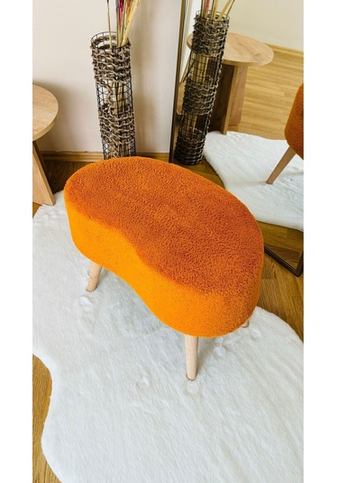 Fasulye Model Ahşap Ayaklı Teddy Kumaş Dekoratif Puf Bench Tarçın