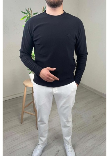 Explode - Erkek Siyah Bisiklet Yaka Slim Kazak Siyah