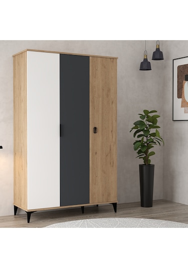 6302 Neva 3 Kapılı 200 Cm Gizli Çekmeceli Gardırop , Elbise Dolabı , Genç Odası Antrasit Beyaz Sepet