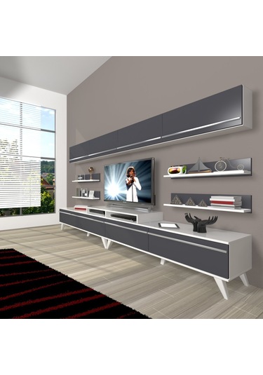 Decoraktiv Ekoflex 360y Mdf Retro Tv Ünitesi Tv Sehpası Beyaz - Antrasit