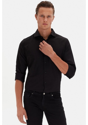 D'S Damat Slim Fit İtalyan Yaka Armürlü Uzun Kollu Kolay Ütülenebilir Nefes Alan Dört Mevsim Erkek Gömlek 2HF02ORT3185 Siyah
