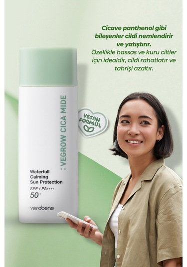 Verobene Vegrow Cica Mide Waterfull Sun Protection Güneş Kremi SPF50+ 50 G