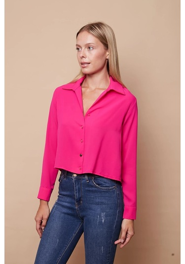 Kadın Likrasız Şık Kumaş Yakalı Uzun Kol Kısa Gömlek-Fujya Fujya