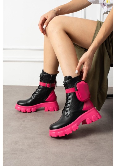 Shoetek Lorbi Kadın Bot Çantalı Postal Fuşya Tabanlı Siyah Deri Pembe