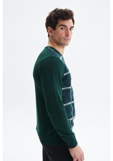 Arma Erkek Slim Fit Likralı Akrilik Kumaş V Yaka Kareli Kazak K0kro0860 Yeşil