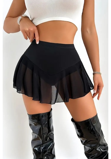Merry See Şık Külotlu Birleşik Transparan Tül Etek Siyah