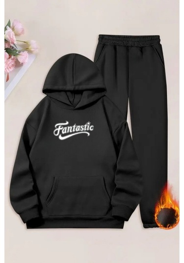 Unisex Siyah Fantastic Baskılı Eşofman Kapüşon- Kışlık Şardonlu Kumaş Siyah