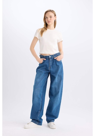 DeFacto Baggy Fit Yüksek Bel Uzun Jean Yıkamalı Pantolon E2156AX24WNNM34