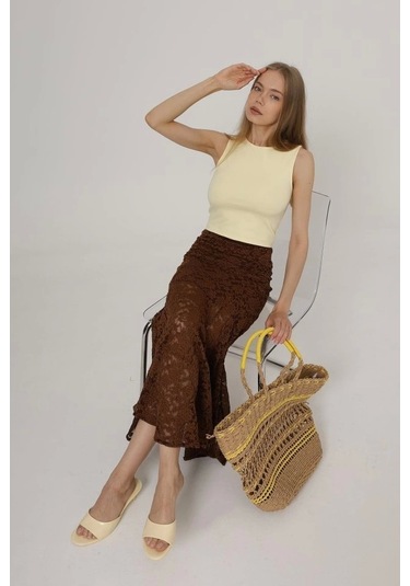 Bel Lastikli Dantel Etek - Kahve Kahve