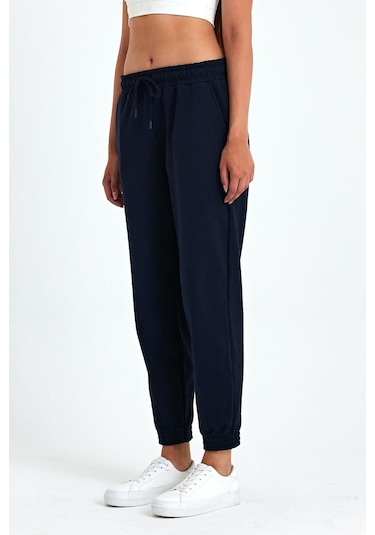 Kadın Lacivert Pamuklu Kalın Paçası Lastikli Yüksek Bel Rahat Jogger Eşofman Altı Lacivert