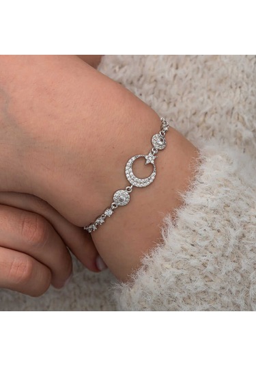 Artsmagazinmücevher Gümüş Zirkon Taşlı Ay Yıldız Kadın Bileklik