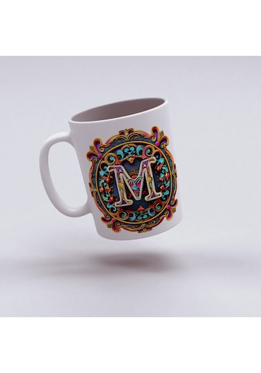 M Harfi Boho Bardak, Renkli Özel Tasarım Hediyelik Harfli Kupa, 330ml Porselen Beyaz