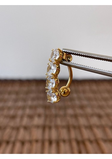 316 L Cerrahi Çelik Anti Alerjik 10 Mm 4 Taşlı Şık Abiye Göbek Piercingi Gold