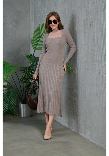 Kadın Bisiklet Yaka Tül Detay Maksi Boy Fitilli Triko Elbise Vizon