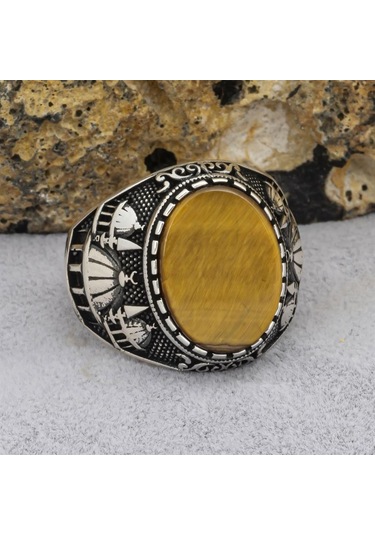 Cami Motifli Kaplan Gözü Taşlı 925 Gümüş Erkek Yüzük