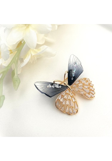 Broş Kadın Altın Kaplama Zirkon Taşlı Kelebek Yaka İğnesi Broş Si Altın -  Siyah