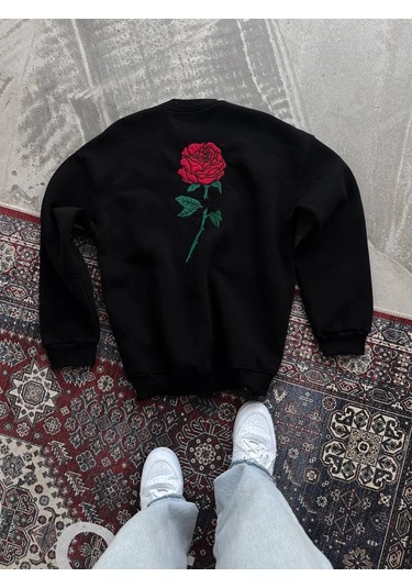 Oversize Üç İplik Bisiklet Yaka Baskılı Sweatshirt - Siyah Siyah