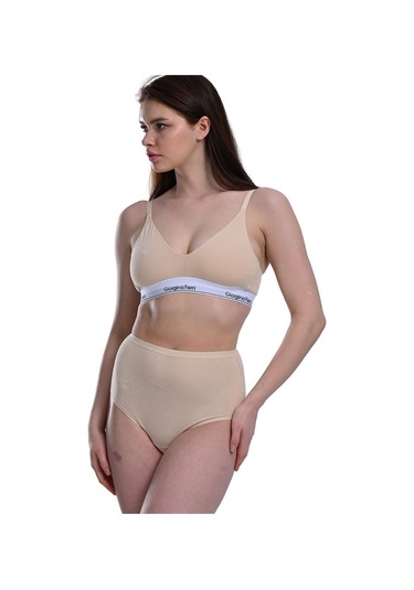 Likralı 5'li Kutu Premium Günlük Kullanıma Uygun Yüksek Bel Külot Berry G-007 H Bej