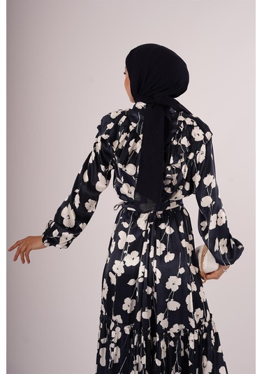 Lacivert Çiçek Motifli Fatma Sezen Elbise Lacivert