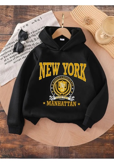 Kışlık Kapüşonlu Sweatshirt, Çocuk New York Manhattan Baskılı SiYAH