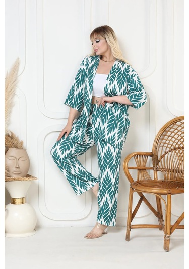 Desenli Kimono Hırkalı 2li Alt Üst Takım Bürümcük Kumaş Yazlık 2xl-6xl Oversize Yeşil