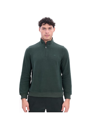 Rowinger Yarım Fermuarlı Dik Yaka Selanik Örme Erkek Sweatshirt Darkgreen