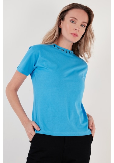 Lela Yakası Baskılı Bisiklet Yaka Basic Örme Bayan T Shirt 5864054 Bebe Mavi