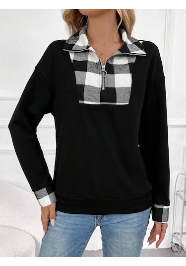 Reka Moda Kadın Uzun Kollu Yakalı Önden Fermuarlı Ekose Detaylı Viskon Iki Iplik Bluz Siyah