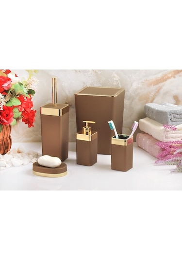 Novahub Akrilik Gümüş Çizgi Kahverengi 5'li Soft Kare Banyo Takımı Seti Kahverengi Kahverengi