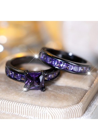 Siyah&mor 2 Adet Zarif İstifleme Yüzükler Kare Mor Pembe Beyaz Zirkon Taş Yüzükler Kadınlar İçin Set Düğün Parti Parmak Takı 12 Çok Renkli