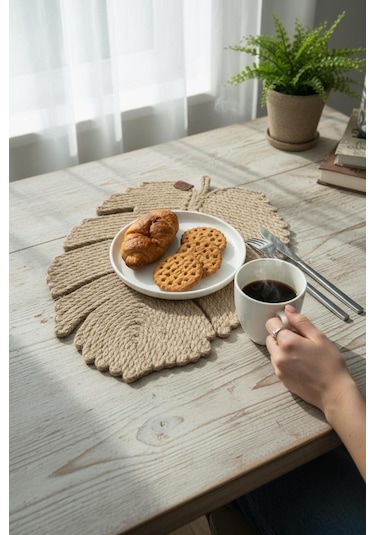 El Yapımı Jüt İp Yaprak Model Amerikan Servis- Supla Doğal, Leke Tutmaz Ve Rustik Sofra Aksesuarı Natural